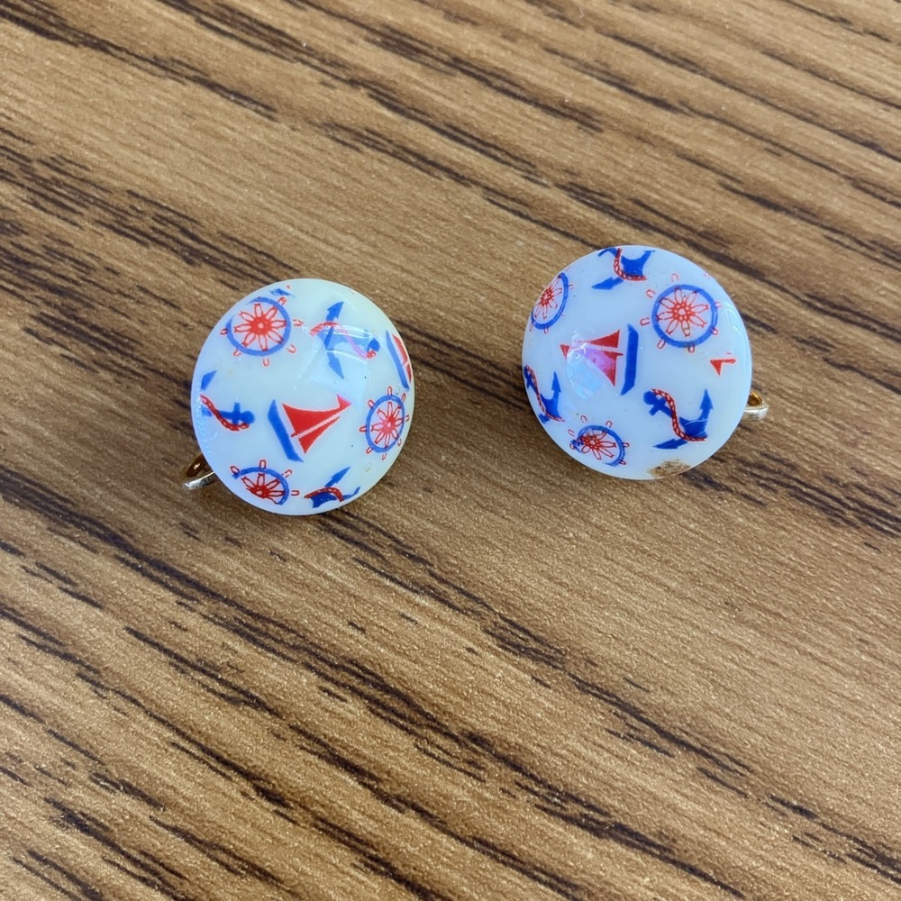 Nautical Red Sail Boat Rope‎ ivory Tone Enamel Clip On Button Earrings 3/4"
